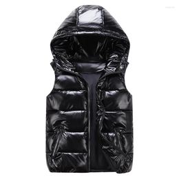 Gilets pour hommes Veste sans manches Mode Brillant Gilet Hiver Chaud Capuche Poches Coton Rembourré Mari Rouge Noir Automne Down Gilet Mâle