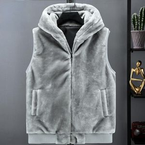 Men's Vests Sleeveless Jacket Men Hooded Warm Thermal Witnter Faux Fur Vest Male Plush Flannel Coat Fluffy Fleece Waistcoat Autumn 221208