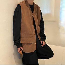 Chalecos para Hombre Chaleco Sin Mangas Chaqueta Cárdigan De Moda Estilo Hong Kong Camisola Retro Color Sólido Versátil