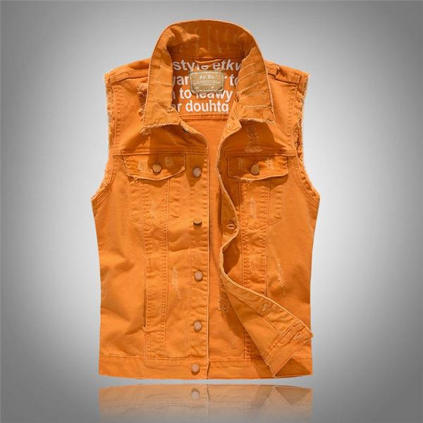 Chalecos para hombres Slim Fit Cowboy Chaqueta masculina Chaleco Ripped Denim Verde Naranja Negro Sin mangas Chaleco casual Abrigo para hombre