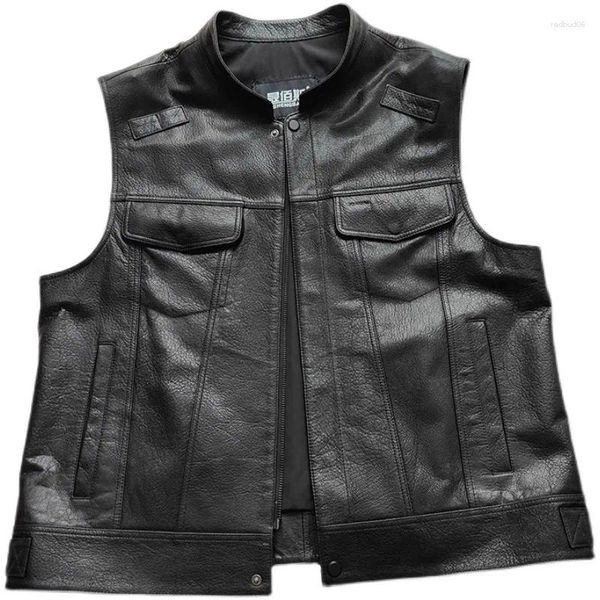 Gilets pour hommes SOA MC Moto Biker Gilet Hommes Véritable Gilet En Cuir De Vachette Vestes Sans Manches Col Montant Noir S-5XL