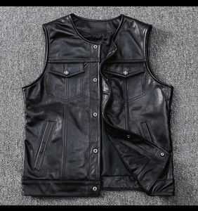 Chalecos para hombre SOA, chaleco sin cuello de cuero para motociclista, chaquetas sin mangas genuinas para hombre, chaleco corto de piel de vaca con botones negros