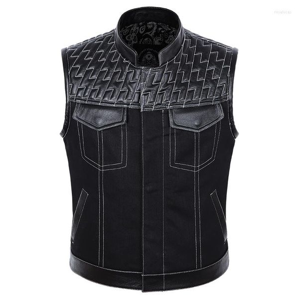 Chalecos para hombre SOA Motorcycle Club Chaleco para hombre Cuero genuino Denim Patchwork Chaleco Cuero de vaca Chaquetas sin mangas Negro Fuerte Transpirable