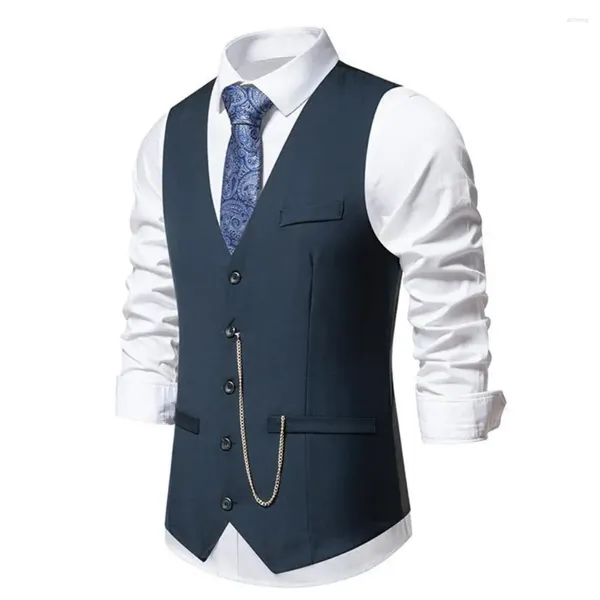 Gilets pour hommes Gilet de couleur unie Décoration de chaîne Gilet élégant à col en V avec détail pour la fête de mariage Slim Fit Printemps