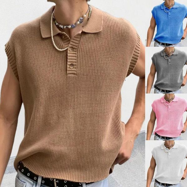 Hommes gilets solide col Polo tricot hauts hommes sans manches boutonné rabattable tricot gilet chemises 2023 été vêtements mode