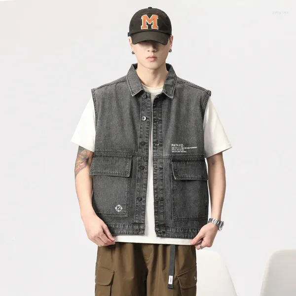 Gilets pour hommes Solide Col Rond Casual Veste sans manches Gris Denim Manteau Hip Hop Street Débardeur Y2K Vêtements Moto