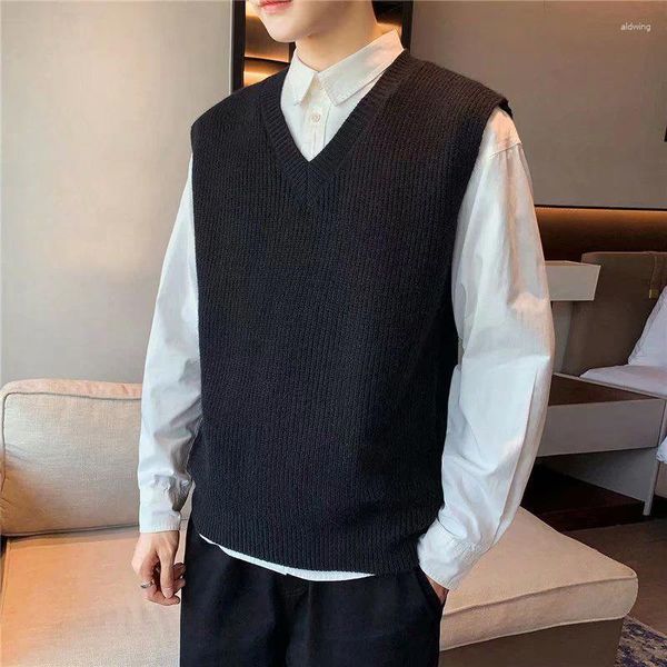 Gilets pour hommes Printemps et automne Solide Hommes V Col Pull Gilet Japon Style Mode Business Lâche Épaissir Sans Manches Tricoté T-shirt Réservoir Noir