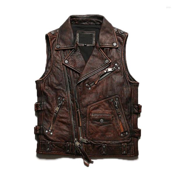 Gilets pour hommes printemps automne noir marron revers moto peau de vache veste sans manches diagonale fermeture éclair mince gilet en cuir véritable