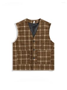 Gilets pour hommes Printemps Automne Tendance Rétro Corduroy Cardigan Sans Manches Gilet Hommes Femmes Col En V Plaid Lâche Casual Manteau À Boutonnage Simple