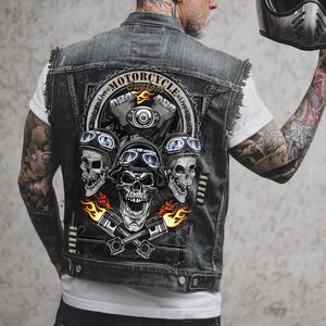 Herenvesten Spring Mens Biker Locomotive Sleevless Jean Jacket Skull Motorcycle Punk Top Waastcoat Hip Hop Hole gescheurde mannen denim 230420