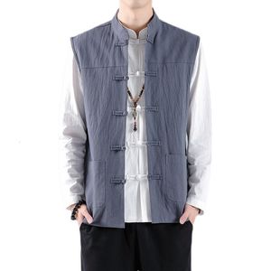 Gilets pour hommes Printemps Été Hommes Chinois Style Vintage Lin Hommes Sans Manches Hanfu Cardigan Mâle Harajuku Ouvert Point Veste M5XL 230919