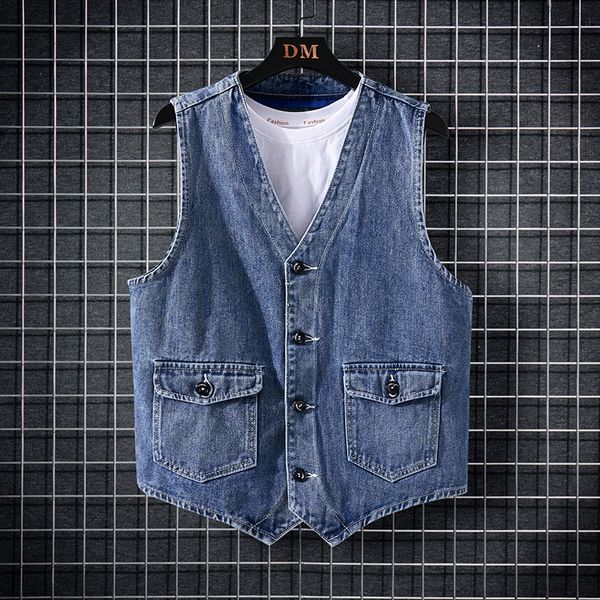 Hommes gilets printemps été hommes Denim gilet veste mode lâche personnalité dos sangle décontracté bleu mâle sans manches Jean manteau 230320