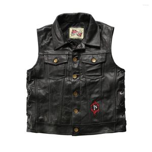 Gilets pour hommes Modèles d'été Hommes Vêtements Undershirt Mode Casual Biker Club Flame Knight Broderie Tête Couche En Cuir De Vachette Gilet