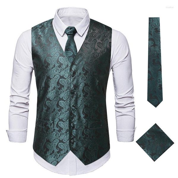 Hommes Gilets Steampunk Vert Paisley Costume Gilet Pour Hommes Banquet Slim Fit Vintage Jacquard Gilet Cravate Mouchoir 3PC Ensemble Mâle 3XL