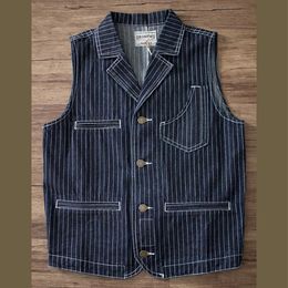 Heren Vesten Streep Denim Vest Heren Jassen Herfst Motorfiets Vintage Pak Kraag Cargo Mouwloos Vest Single Breasted Casual Jeans GiletM