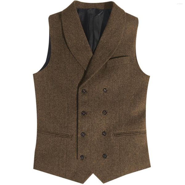 Chalecos para hombre, chaleco de traje, chaleco de Tweed de espiga marrón, ropa Steampunk de doble botonadura, chaleco de negocios para caballero para boda