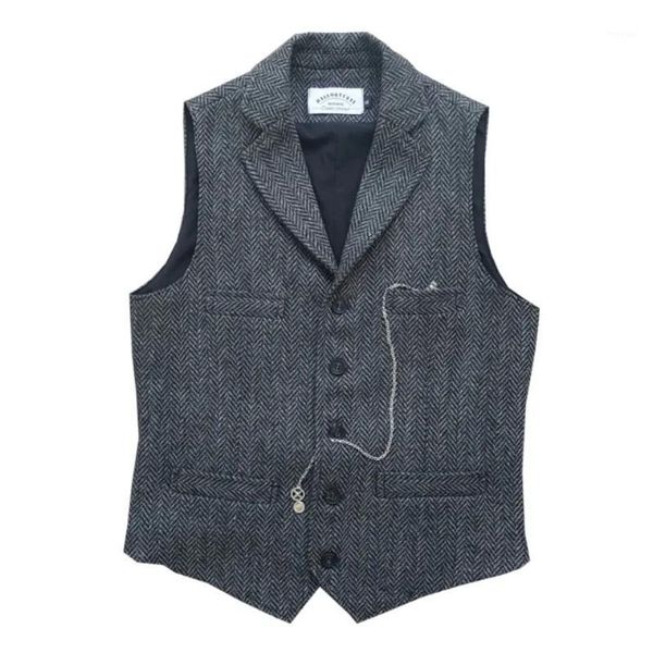 Hommes gilets costume gilet gris foncé col sur mesure chevrons laine Tweed hommes vêtements pour mariage formel garçons d'honneur marié Costumes 2022