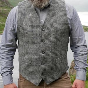 Vaist-Vests Vest gilet Grey Plaid Slim Fit Wilait Formal V Neck Single Breasted for Men Wedding Groom Steampunk 2024