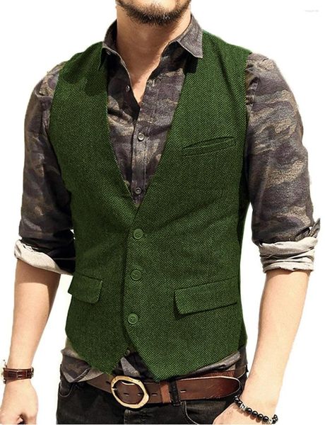 Gilets pour hommes Costume Gilet Vert Laine Tweed Gilet Veste Slim Fit Comme Business Groomman Vêtements Homme Pour Mariage