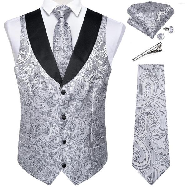 Gilets pour hommes costume gilet ensemble pour hommes mariage luxe gris paisley robe cravate clip boutons de manchette mouchoir mâle gilet sans manches cadeau