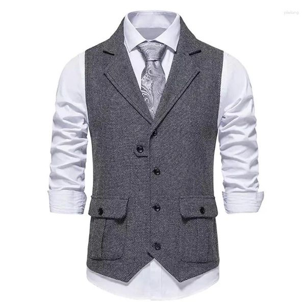 Gilet de costume pour hommes, gilet occidental à chevrons, smoking en mélange de laine Tweed, coupe cintrée, Blazer gris avec 2 poches à rabat