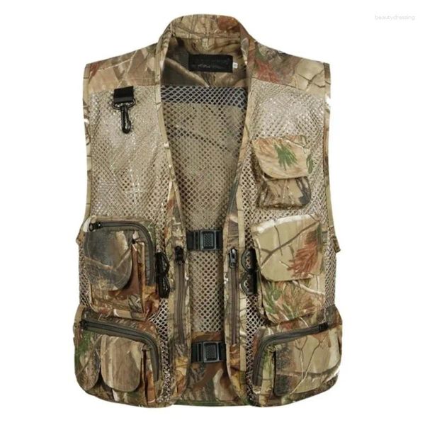 Chalecos para hombres Verano Baggy Causal Chaleco de malla para hombre Multi bolsillo Pógrafos Chaquetas sin mangas para hombre Gasa Chaleco de camuflaje verde para hombres