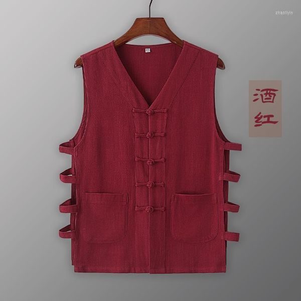 Hommes gilets été décontracté lin gilet gilet coton sous-vêtement rétro bouton chinois sans manches homme chemise