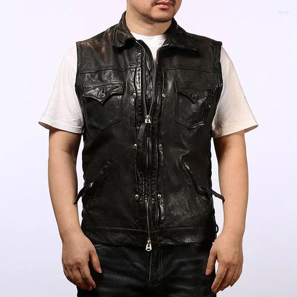 Gilets pour hommes Summer Cuir Biker Modèle Undershirt Hommes Femmes Revers Multi-poche Mode Casual Couche de tête Légume Tanné Manteau en peau de mouton