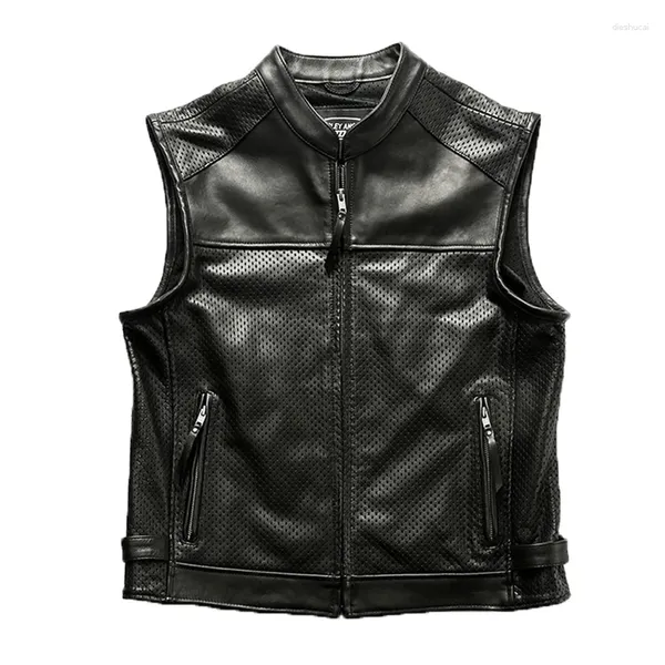 Gilets pour hommes Maille d'été respirante en peau de vache épaissie gilet creux perforé fermeture éclair décontracté motard en cuir maillot de corps classique manteau