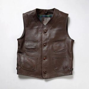 Gilets pour hommes Summer Simple Casual Cuir Biker Gilet Hommes Femmes Lychee Texture Corne de vache Boucle Brown Retro Cowhide Undershirt Gilet