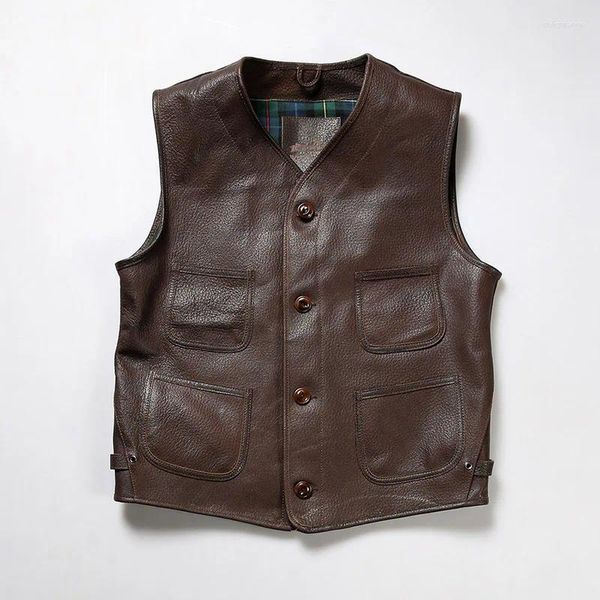 Gilets pour hommes Summer Simple Casual Cuir Biker Gilet Hommes Femmes Lychee Texture Corne de vache Boucle Brown Retro Cowhide Undershirt Gilet