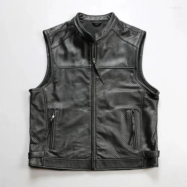 Gilets pour hommes Support personnalisé respirant maille veste en cuir col montant décontracté en peau de chèvre modèles de moto gilet marée