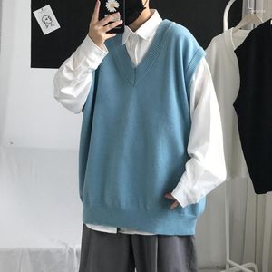 Chalecos para hombres Suéter Chaleco Hombres con cuello en V Color Sólido All-Match Diseño Baggy Adolescentes Tejer Japonés Retro College Moda G60