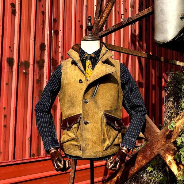 Gilets pour hommes Tailor Brando Super avantage ! Toile cirée à l'huile Patchwork peau de vache arbre de noël doublure Totem Avatar Biker gilet Vintage