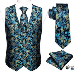 Herenvesten groenblauw blauwe heren luxe brokaat paisley bloemen pak vest zijden stropdas waastcoat set mannen kleding Barry.wang modeontwerpster M-2036Men '