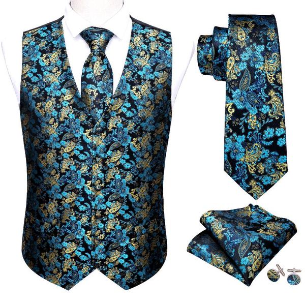 Gilets pour hommes bleu sarcelle hommes luxe brocart Paisley Floral costume gilet soie cravate gilet ensemble hommes vêtements Barry.Wang créateur de mode M-2036Men '