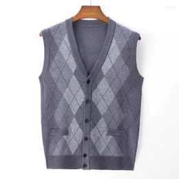 Gilets pour hommes Top Grade 6.5% laine Argyle motif tricoté pull gilet 2023 hommes d'affaires décontracté classique sans manches chaud