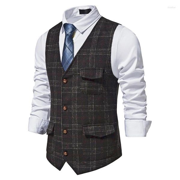 Chalecos para hombres tweed chaleco vintage traje de seno individual primavera otoño chaqueta sin mangas británica