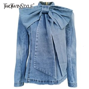 Gilets pour hommes Twotwinstyle Patchwork Bow Denim Veste Femme Col montant à manches longues Vintage Vestes froncées pour vêtements de mode féminine 231219