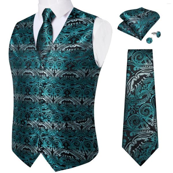 Gilets pour hommes Unique Paisley Gilet pour homme Causal Vert Bleu Cravate Poche Boutons de manchette carrés Gilet Homme Mode Business Gilet en gros