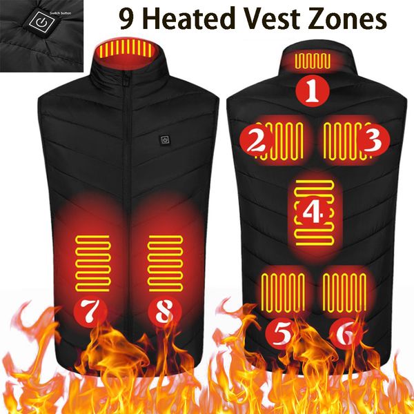 Gilets pour hommes Gilet chauffant électrique USB unisexe 9 zones de contrôle de chauffage veste de température intelligente avec fermeture éclair gilet chauffant extérieur pour hommes/femmes 230904