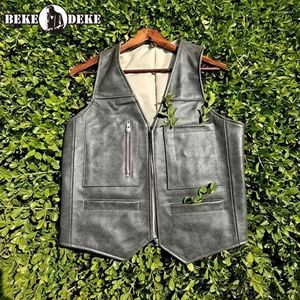 Mannen Vesten V-hals Ritsen Mode Echt Leer Casual Vest Jas 2023 Heren Beknopte Koreaanse Stijl Effen Vintage Slim biker