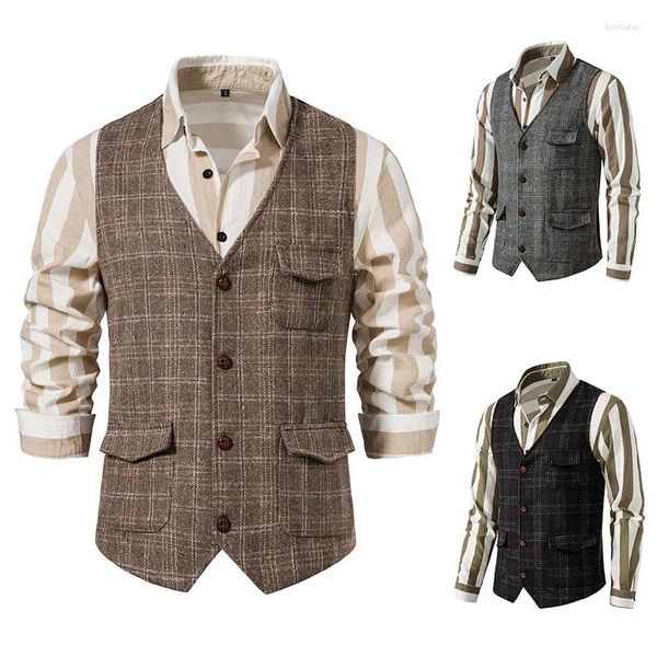 Gilets pour hommes Veikeey Vintage Costume Vest Plaid Tweed Hommes Regular Fit Gilet pour mariage Groomsmen Casual Business Veste sans manches