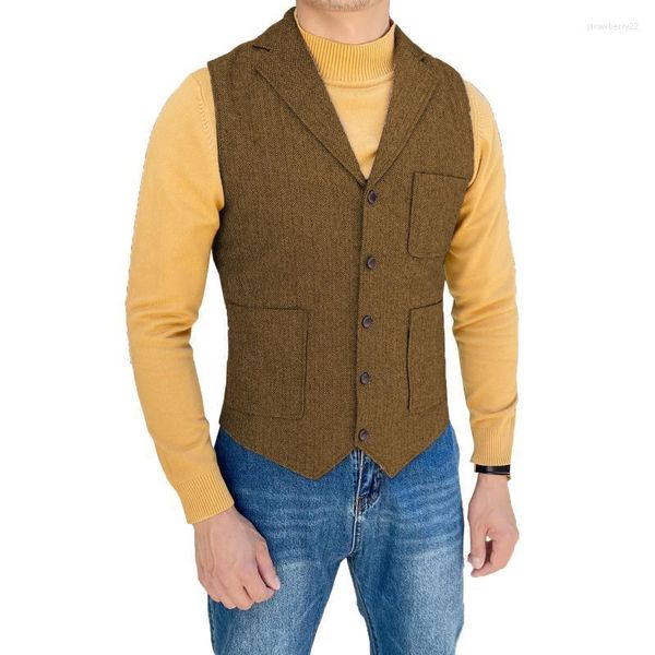 Gilettes pour hommes gilet brun couloir sur mesure à chevrons laine tweed simple poitrine décontractée