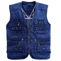 Herenvesten Vest Outerwear denim vest diepblauw plus maat mouwloze jas multi-pocket katoenen veer giletjassen