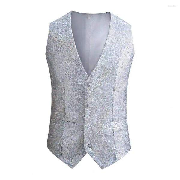 Gilets pour hommes Gilet brillant sequin sans manches Slim Fit ouvert simple boutonnage col en V scène Performance Emcee