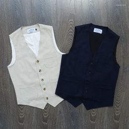 Gilets pour hommes Gilet simple boutonnage Beige Bleu Marine Col en V Coton Lin Respirant Rétro Japonais Casual Plus Taille Pour Hommes Vêtements Stra22