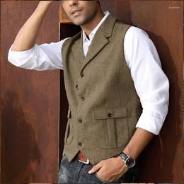 Gilets pour hommes Gilet sans manches Veste Laine Tweed Revers Mélange Herringbone Business Mariage Groomsmen Casual Robe