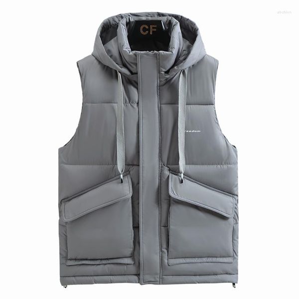 Gilets pour hommes gilet hiver chaud gilets épaissi à capuche en coton bleu homme veste bouffante sans manches fermeture éclair vêtements #8809