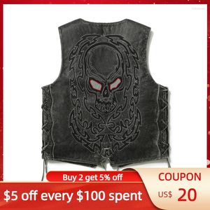 Gilets pour hommes Vintage Black Skulls Broderie Cuir Gilet Hommes Moto Style Plus Taille 5XL Véritable Naturel Cowhide Printemps Slim Fit Manteau